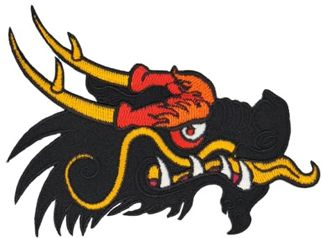 Chinesischer Drachen Kopf Schwarz Aufnäher zum aufbügeln oder aufnähen Bügelbild China Drache Bügelpatch Aufbügler für Kleidung gestickter Bügelflicken Applikation Patch Größe 10,4 x 7,9 cm