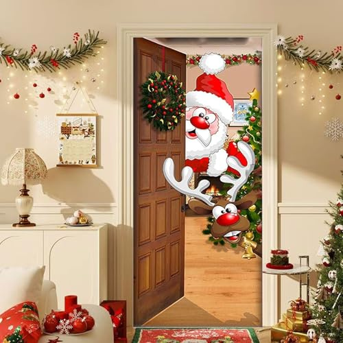 Hyfkjdm Weihnachten Tür Abdeckung, Türabdeckung Weihnachten Weihnachtsmann, Weihnachtsdeko Tür Abdeckung Dekoration, 200 X 90 cm, für Haus Haustür Veranda Weihnachten Deko