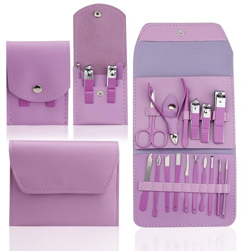 Realand Kit de manucure, 2 ensembles de 16 + 4 pièces, kit de soins des ongles, kit de pédicure, coupe-ongles professionnel, kit de manucure de voyage, kit de toilettage, violet