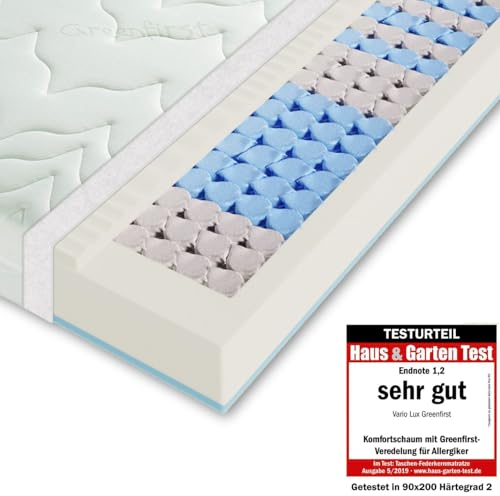 Sleepneo Taschenfederkernmatratze H3 H4 90x200, Vario LUX Greenfirst – Höhe 22cm Hochwertige 7 Zonen Matratze in 90x200, Bezug mit Greenfirst® Veredelung – antibakteriell Allergiker geeignet