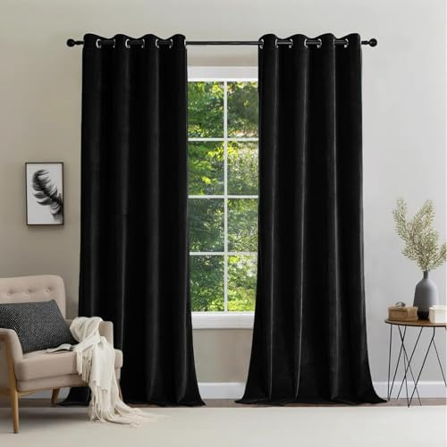 CUCRAF Samtvorhang mit Ösen 2er Set, blickdichte und lichtundurchlässige Vorhänge, H 225x B 140cm, luxuriöse wärmeisolierende Vorhänge für Wohnzimmer und Schlafzimmer (Schwarz)