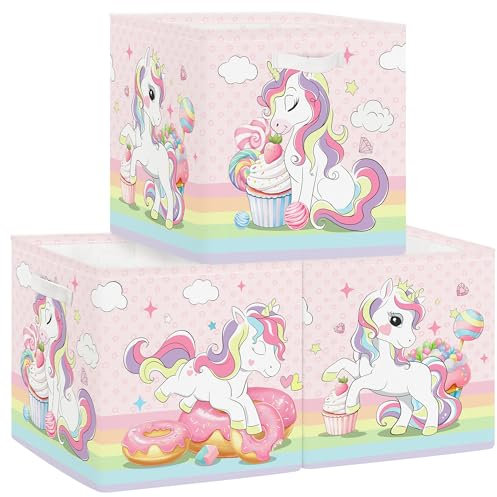 HUUMONSS 30cm Juego de 3 Cajas de Almacenamiento Unicornio Arcoíris Organizadoras de Almacenaje Juguetes Postres Macarón Plegables Cestas Almacenaje Niños Libro Ropa para Estantes Armario