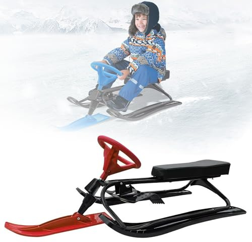 Snow Sled with Steering Wheel and Brakes, Snowmobile Sled Skis for Adult, Anti-Slip Pedal, Winter Sport Ski Sled Slider Board for Downhill and Uphill, Suitable for Sand, Grass, Ice, and Slides
