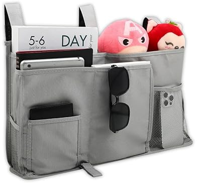 Windfromort Organisateur de lit à suspendre – Sac de lit à suspendre – Sac de rangement pour lit, table de chevet et bureau – 7 poches – Gris
