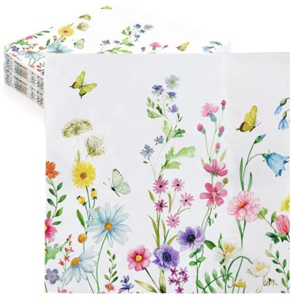 40 Stück Servietten Blumen - Servietten Sommer Blumenwiese Frühlings Blumen, Ideal für Frühling Geburtstage Partys Hochzeiten Feiern, 33x33cm