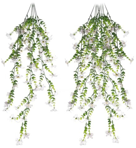 KQDRAVINE 2 Piezas de Flores Artificiales Colgantes, Flores Artificiales para Exteriores, 77 cm de Largo, Plantas Colgantes Reales para Balcones Exteriores, Bodas, Decoración de Interiores (Blanco)