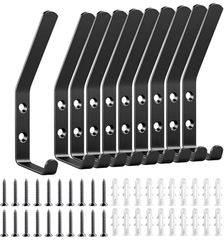 10 Piezas Gancho Pared, Ganchos Percheros de Pared con Tornillos, Metal Dobles para Abrigos, Ligero y Práctico Colgador Ropa Pared, para Dormitorio, Armario, Baño (Negro) | Ganchos de metal para ropa, bolsos y accesorios. Fácil montaje, diseño que ahorra espacio y adecuado para salas de estar