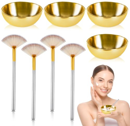 8 Pcs Gold Facial Bowl and Brush Set 4 Gold Stainless Steel Mixing Bowls 4 Facial Fan Brushes Esthetician Face Mask Brush for Mud Cream Makeup Spa Salon (8 Pcs)