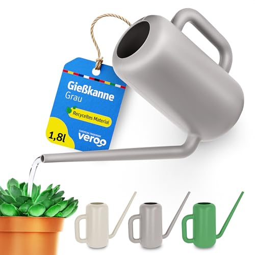 VEROO Small Indoor Watering Can for House Plants 1.8L, Made of Recycled Plastic, with Long Spout for Easy Watering (Grey)