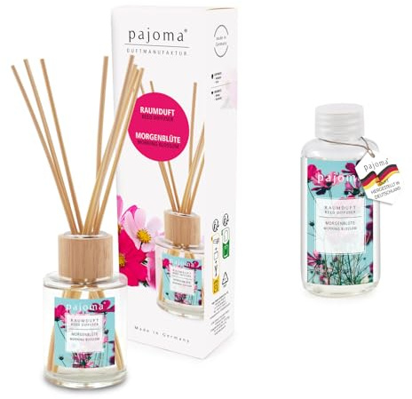 pajoma® Raumduft Morgenblüte 100 ml + Nachfüller 100 ml | Komplett-Set mit Rattanstäbchen | Langanhaltender Diffuser, Premium Qualität