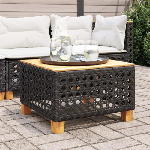 HaoChrymec Gartentisch Schwarz mit PE-Rattan, Akazienholz Tischplatte, Wetterfest, Modulares Design, Beistelltisch Outdoor, Balkon Tisch, Loungetisch Garten, 55 x 55 x 36 cm