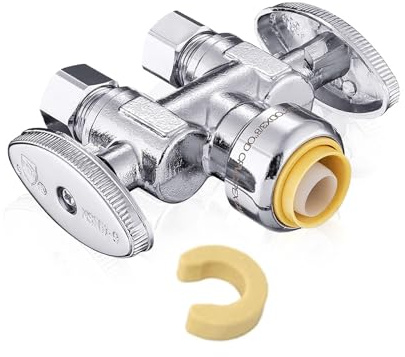 1/4 Turn Push Fitting Dual Outlet Stop Valve, Niikappu 1 Pack Shut Off Valve with a Disconnect Clip Tool, 1/2 Push x 3/8 x 3/8 OD Compression Sink Faucet Valve