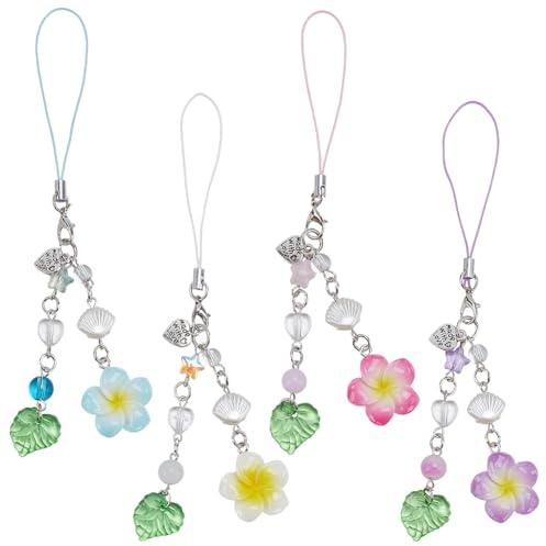 PLIGREAT 4 Stück Hibiskusblüten Handyanhänger Niedliche Handy Anhänger Mit Muschelperlen Ästhetische Blumenmotive Für Damen Und Herren Handyhüllen Schlüsselanhänger Rucksäcke Und Geldbörsen