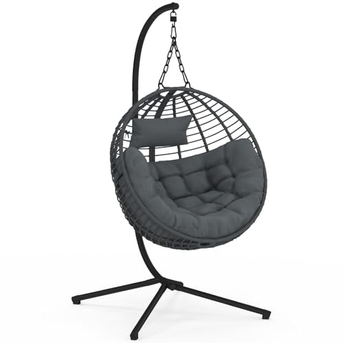 IDMarket – Sillón redondo colgante calado efecto ratán gris con cojín gris