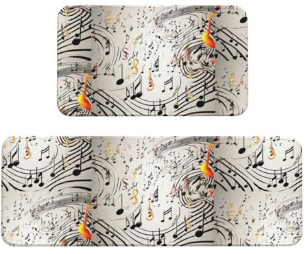Music Notes Print Kitchen Rugs Set of 2, Cushioned Anti-Fatigue Kitchen Mats for Floor, Waterproof Comfort Standing Mat Absorbent Velvet Kitchen Runner Rugs 17x30+17x47
