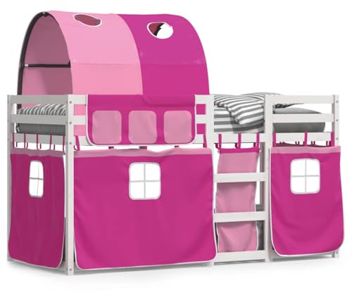 XHNIFBN Etagenbett 75x190 cm Kiefer Massivholz weiß mit Rosa Vorhängen als Spielbett Rausfallschutz Leiter inkl. Vorhangset für Kinderzimmer