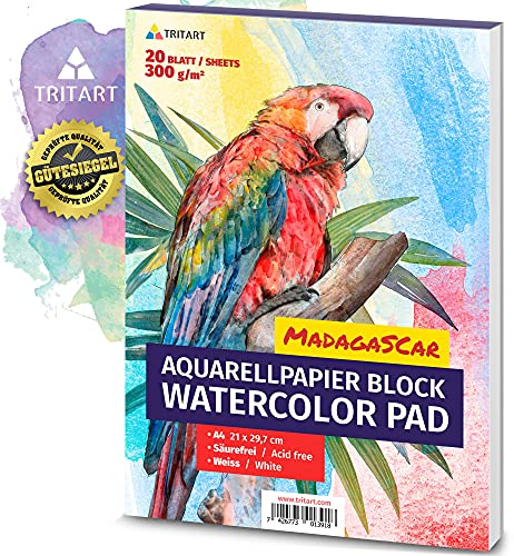 Tritart Aquarellpapier A4 300g - Din A4 - Weiß 20 Blatt - Aquarellblock zum Malen - Dickes Watercolor Paper - Aquarell Papier für Ihr Mal Zubehör - Aquarell Papierblock