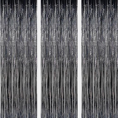 AILEXI 3 Pack Metall Lametta Vorhänge Folie Fransen Schimmer Vorhang Tür Fenster Dekoration für Geburtstag Hochzeit Partei liefert Luftschlangen 92 * 245cm - Schwarz