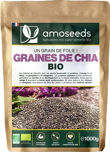 Graines de Chia Bio 1KG | Sources de Protéines, Oméga 3, Fibres | Salvia Hispanica | Qualité Supérieure