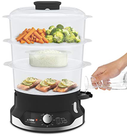 Seb Ultracompact Vapore, Cottura sana, 9 l, 800 W, 3 ciotole impilabili, contenitore per riso e cereali, timer 60 min, spegnimento automatico, livello dell'acqua visibile, facile da riporre VC204800