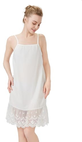 BEAUTELICATE Unterkleid Damen Lang Baumwolle Antistatisch Unterrock Unterkleid mit Trägern Unterröck Full Slip mit Spitze Negligee Nachtwäsche Sommer,Elfenbein - Stile 3, S