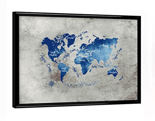 artboxONE Poster mit schwarzem Rahmen 18x13 cm Kartografie World map Blue Grey - Bild Weltkarte Karte Welt