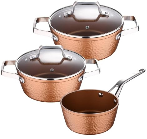 Colección Origen: set de 1 Cazo 16 cm, y 2 Cacerolas con tapa de vidrio, 20 y 24 cm, aluminio forjado, aptas para inducción
