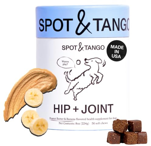 Spot & Tango Hip + Joint Supplement for Dogs - Vet-Approved For Mobility and Arthritis Support - Glucosamine, Chondroitin, Green Lipped Mussel, MSM - Flavor from Real Peanut Butter & Banana - 56 Count