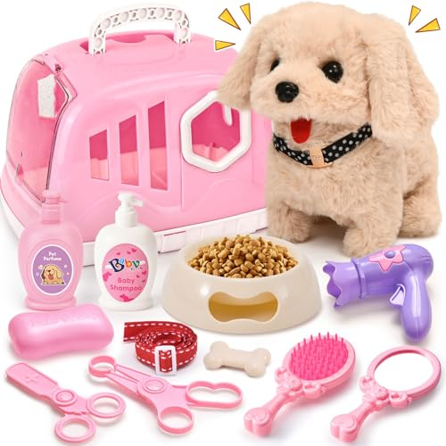 G.C Toy Dogs for Kids Electronic Pets Interactive Plush Soft Dog Walking Barking Wagging Dog with Pet Carrier Feeding and Grooming Kit Accessories Pretend Play Toys Birthday Gifts for Girls Toddler