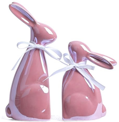 Valery Madelyn 2 Stück Osterhase für Osterdeko aus Keramik,Ostern Deko Modern,Dekohase für Frühlingsdeko Tischdeko,Ostern Geschenke für Wohnzimmer Party Büro,Rosa,11/16cm(M)