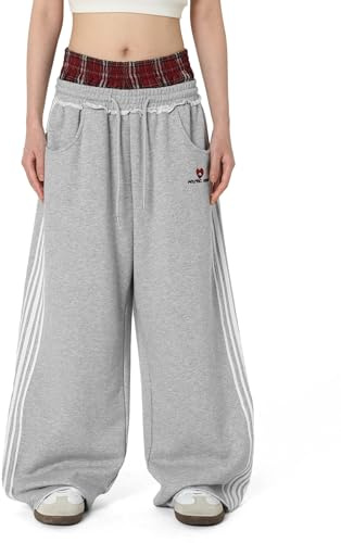 Aelfric Eden Joggingbyxor med rutig lappteknik för herrar, lapptäcke-sweatpants för damer, fritidsbyxor, lediga sportbyxor, streetwear med hög midja, bekväma, vida byxor, GRÅ, M