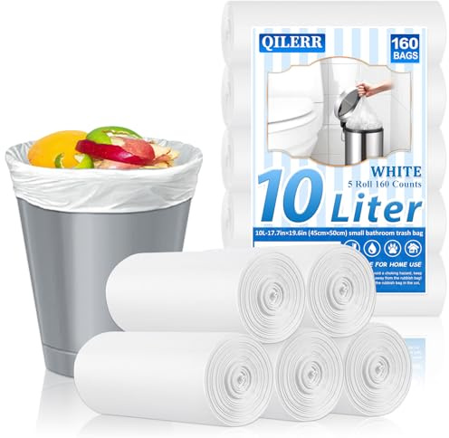 QILERR Small Bin Bags 10L Bathroom Bin Liners 160 Counts White Thickening Unscented Pedal Trash Can Liners for Bedroom, Toilet, Kitchen