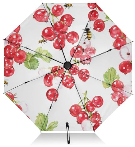Paraguas compacto de grosella roja, color blanco, plegable, inversa, para lluvia, sol, grande, 8 varillas, resistente al viento, UV, paraguas automático para mujeres y hombres