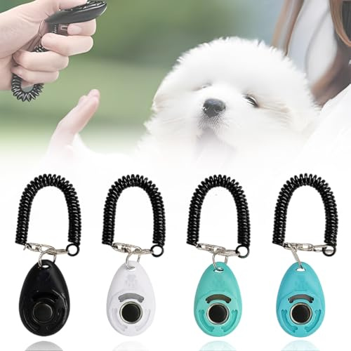 Juguta 4 Unidades Clicker para Adiestramiento Perro,Clicker para Perros, con Correa de Mano, botón Grande, para la Muñeca para Perro Gato Caballo-4 Colores