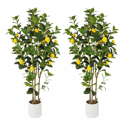 Set med 2 120 cm, realistiskt stort konstgjort citronträd, falsk inomhusväxt med citron, multi stam och lövverk, svart kruka, underhållsfri, dekorativt konstträd för vardagsrum, kontor, balkong