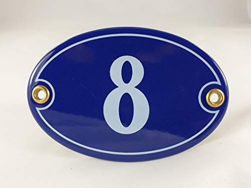 Emaille Hausnummer Schild Nr. 8, oval, Blau-Weiß Handarbeit