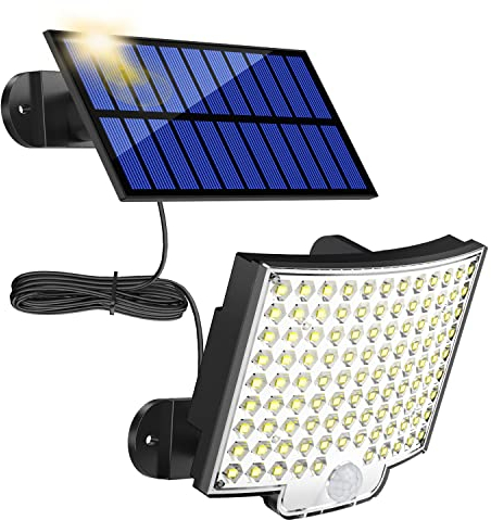 MPJ Solarlampen für Außen, 106 LED Solarleuchte Aussen mit Bewegungsmelder, IP65 Wasserdichte, 120°Beleuchtungswinkel, Solar Wandleuchte für Garten mit 5m Kabel