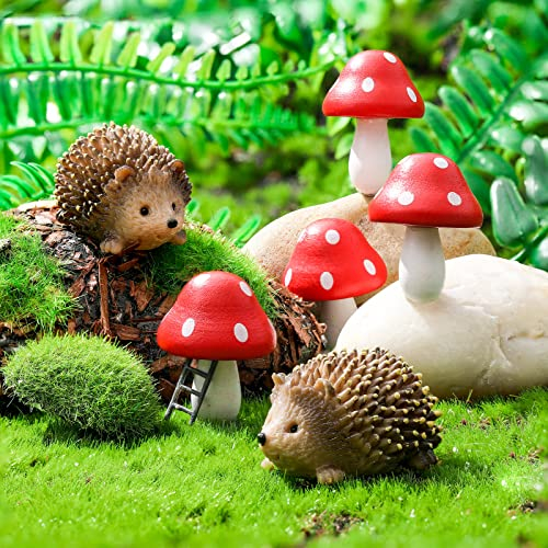 Queekay Fairy Outdoor Garden Animals Figurines Outdoor Fairy Wild Garden Accessories Resin Hedgehogs and Wood Mushroom Miniature Figurines for Plant Pots Bonsai Craft Decor Supplies