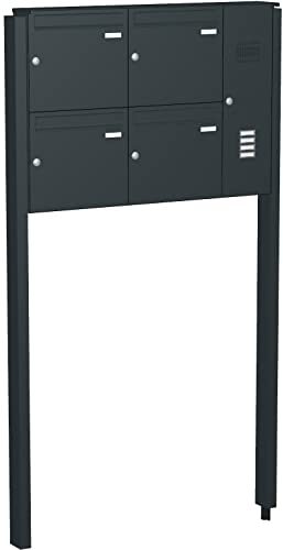 Briefkastenanlage mit eckiger Verkleidung und Klingeln Modell F3 anthrazitgrau RAL 7016 Montageart mit Standrohren, zum Einbetonieren, Größe mit 4 Briefkästen