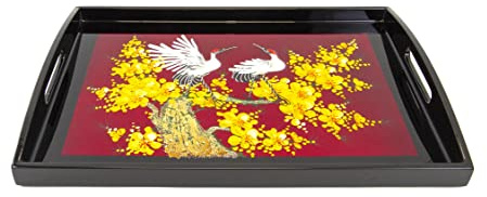 Art Saigon Plateau en Bois Laqué Rouge et Noir “Grues et Fleurs de Cerisier”, Fait Main, L37 x 26cm - Plateau de Service avec Poignée - Artisanat du Vietnam et Déco Asiatique (S39-4959-37)