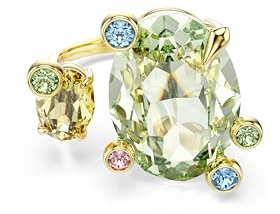 Swarovski Anillo Abierto Gema, Banda Abierta, Dos Cristales Principales en Verde y Amarillo, Engaste en Forma de Burbuja con Pequeños Cristales Multicolores, Baño en Tono Oro