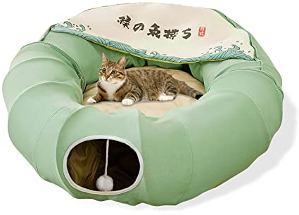 Galatée Katzentunnel, Katzenbett Für Den Innenbereich, Haustierhöhlenbett Mit 1 Hängenden Kratzbällen, Zusammenklappbarer Runder Katzentunnel, Katzentunnelbett(Grün)