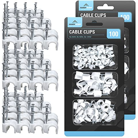 SOL 200pk White Cable Clips – Durable Wall Clips for Wire Management – Strong Pins for Securing Cables, Wires & Electrical Leads – Tidy Organiser for Home, Office & Workspace