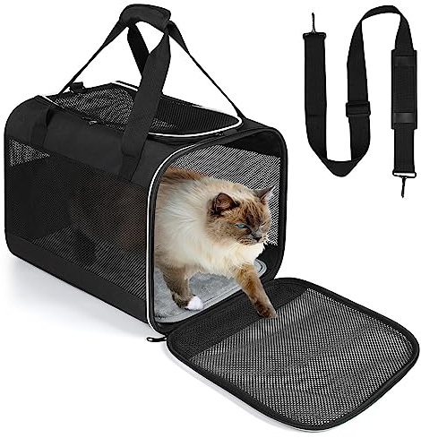 Lannvan Transportbox Katze, Katzentransportbox Katzen bis 6,5kg, Hundebox Faltbar mit Abnehmbarem Plüschpad, Hundebox Auto Atmungsaktiv für Camping Reisen Tierarztbesuch (45x30x30cm, Schwarz)