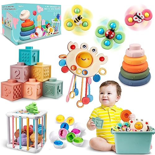 Baby Spielzeug für 6 bis 12 Monate, Montessori Spielzeug für Babys, Sensorisches Baby Spielzeug, 6 in 1 Motorikspielzeug, Stapelspielzeug Blöcken und Ringen, passende Eier (6 in 1)