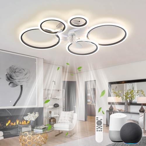 KeLuKes Ceiling Fan with Light Compatible with Alexa and Google Assistant, 100cm Living Room Ceiling Fan Light, Silent Timer Dimmable Reversible Ring Fans with Lamps, Black