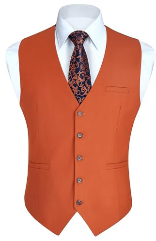 HISDERN Mens Waistcoats Formal Waistcoat for Men uk Waist Coats Wedding Suit Vest Men's Casual Party Gents Vests With Pockets,Burnt Orange,M