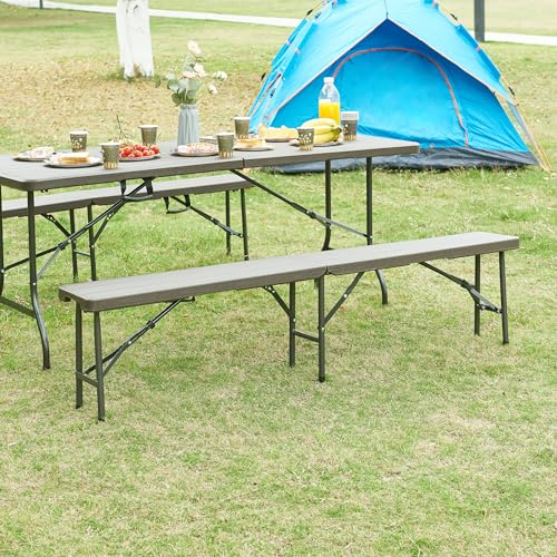[en.casa] Klappbank-Set Lillestrøm 2-TLG. Gartenbank klappbar Campingbank 180 x 25 x 43 cm Holzoptik Dunkelbraun Outdoor Bank tragbar