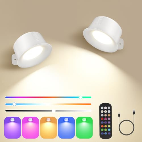 Wandleuchte Innen 2 Stück, RGB Wandlampe Wandlichter Ohne Stromanschluss, Dimmbarer Helligkeit, Touch und Fernbedienung, 360° Drehbare Akku Wandleuchte Für Kinder Wohnzimmer Schlafzimmer (Weiß)