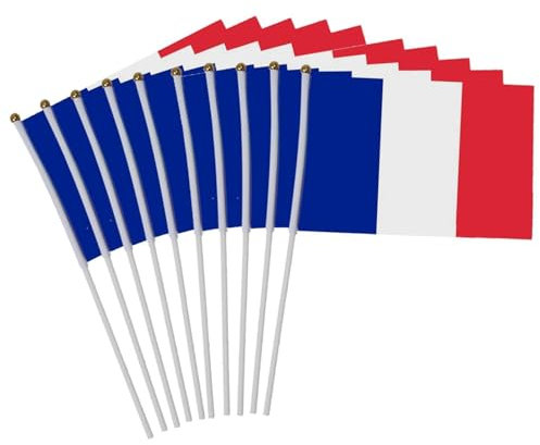 Petit Drapeau Francais, 50 M-ini Drapeaux Français avec Poteau, Drapeau France Tenu à la Main pour Football Sports Jeu Défilés Bar Club Nationale Décoration de la Maison, 14 x 21 cm